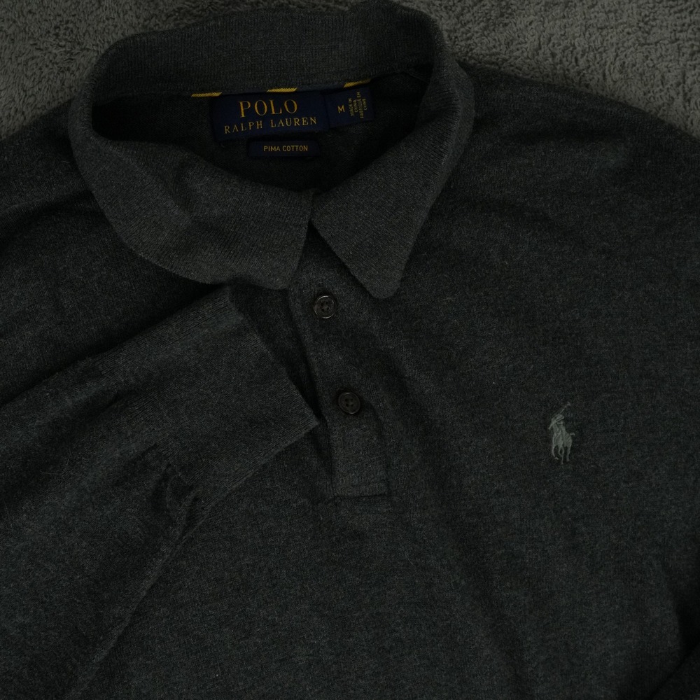 Polo Ralph Lauren Polo Sweater Mens M Gray Pima Cotton Long Sleeve Collared Logo